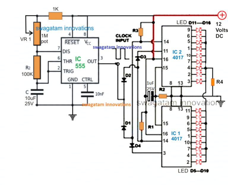 18 LED Light Chaser Circuit Using Two IC 4017