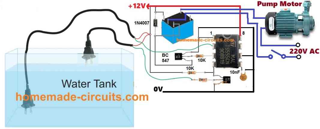 555 IC based water level controller circuit