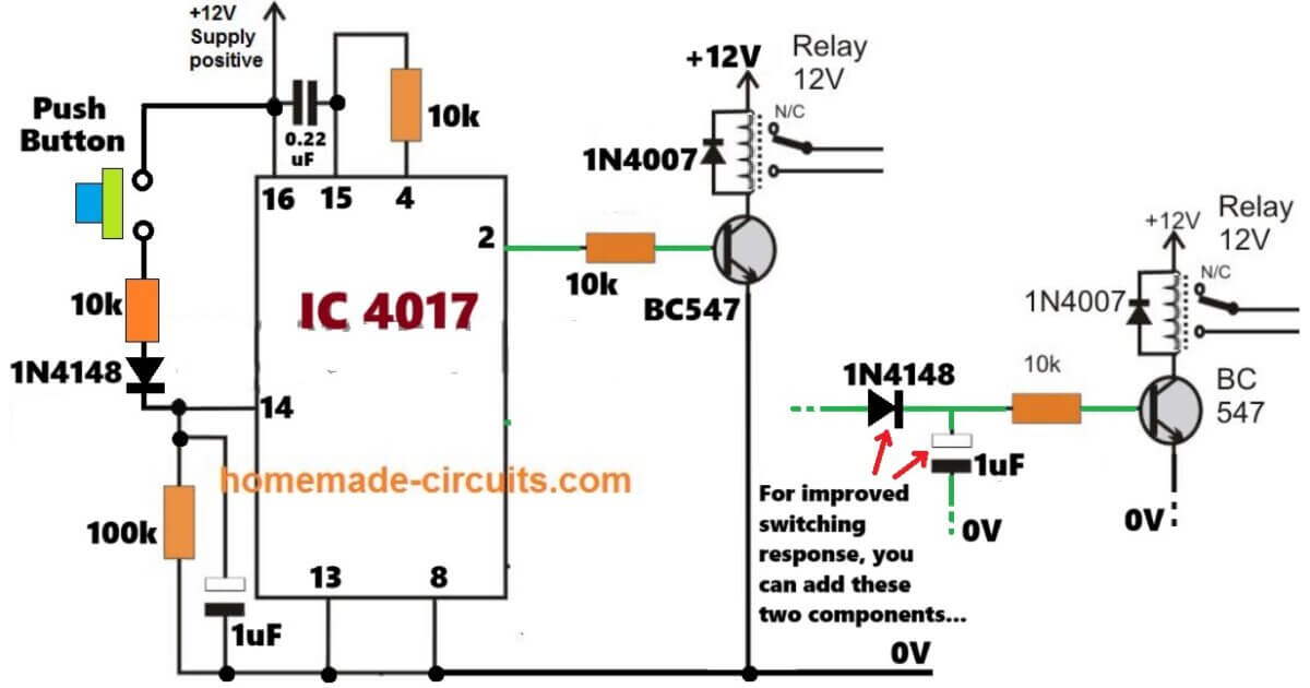 simple IC 4017 flip flop relay ON OFF circuit 1