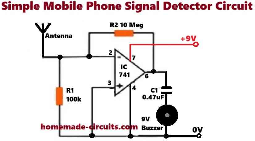 simple mobile phone detector circuit using IC 741