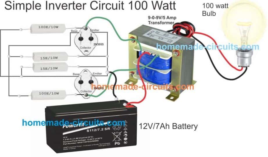 simple inverter circuit wiring with transformer, 12V battery 7Ah, and transistors