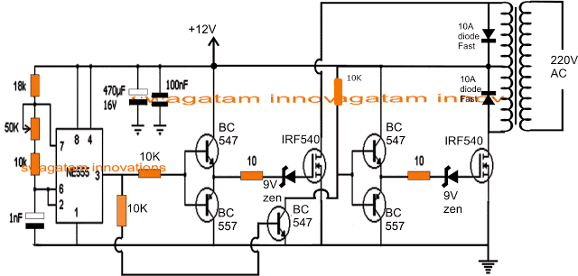 IC 555 Inverter Circuits - Push Pull, Full Bridge, Ferrite Core