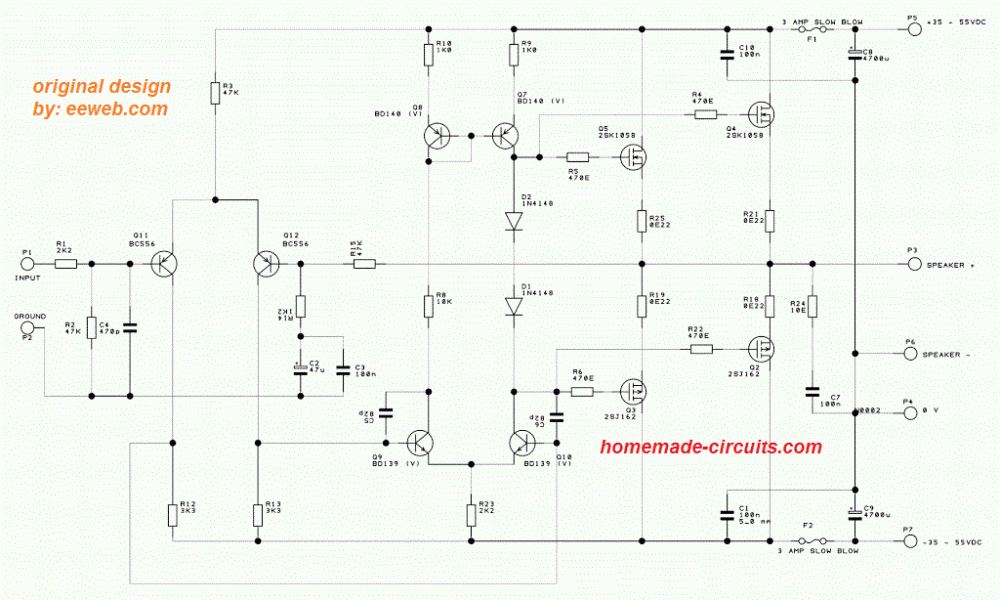 Diy 100 Watt Mosfet Amplifier Circuit Homemade Circuit Projects