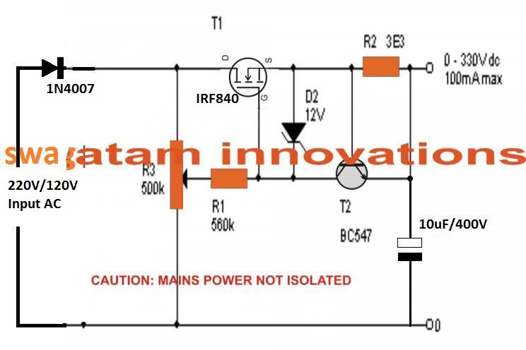 Adjustable MOSFET Transformerless Power Supply Circuit