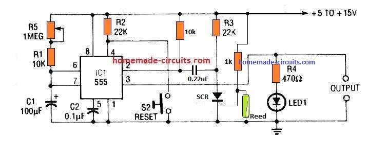 IC 555 monostable trigger with an SCR and reed relay