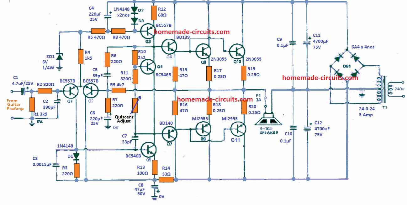 Watt Power Amplifier Circuit Diagram
