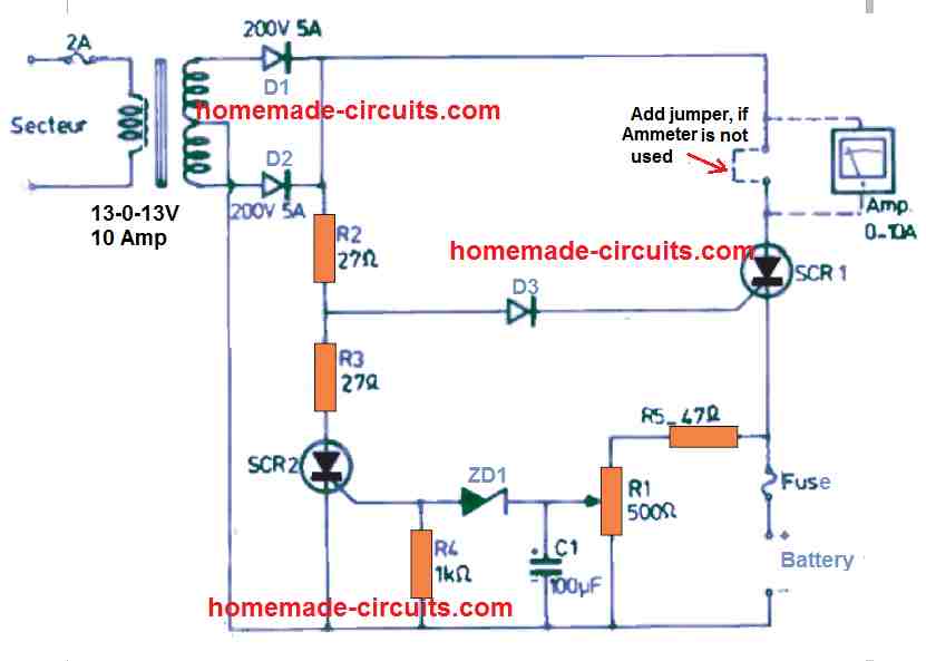 Simple SCR Battery Charger Circuit - Homemade Circuit Projects