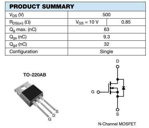 quick datasheet and pinout of MOSFET IRF840