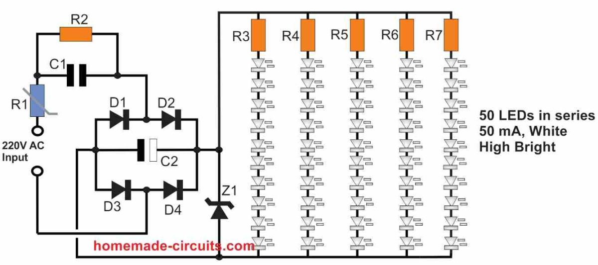 capacitive LED driver with 50 LEDs