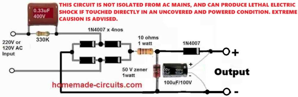 simple CAPACITIVE POWER SUPPLY CIRCUIT 220V