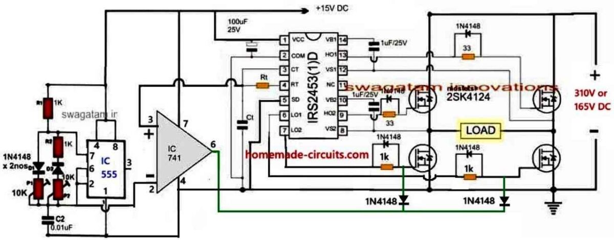 simple IRS2453 H-bridge sine wave inverter circuit