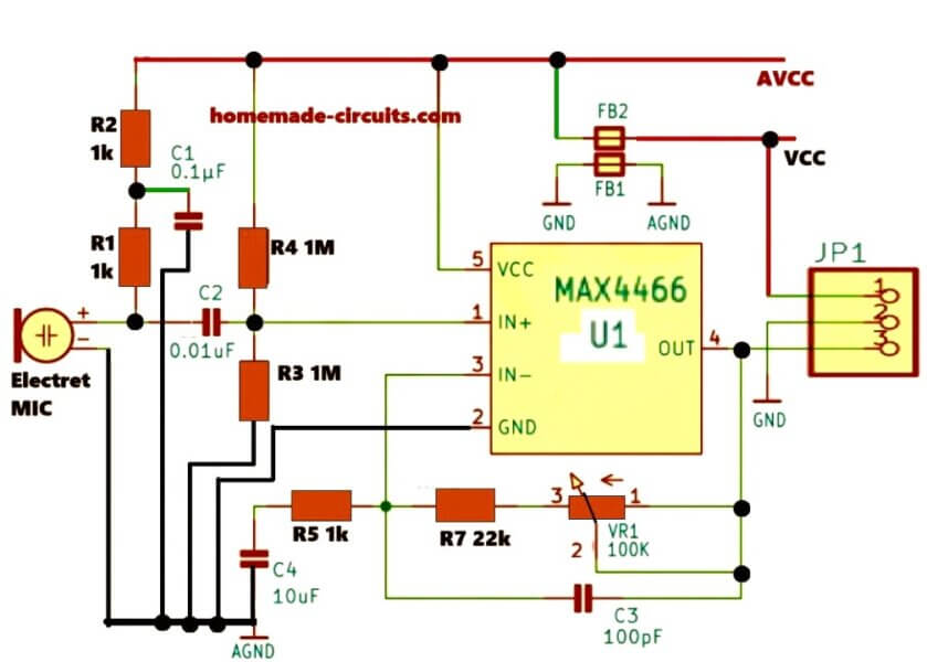 MAX4466 Microphone Amplifier Module Circuit Diagram